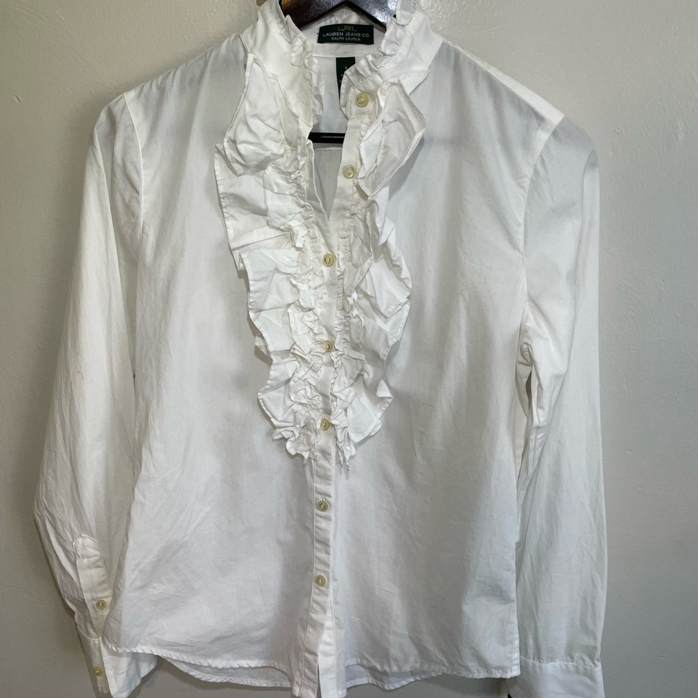 NWT LRL White Ruffled Button-Up Blouse